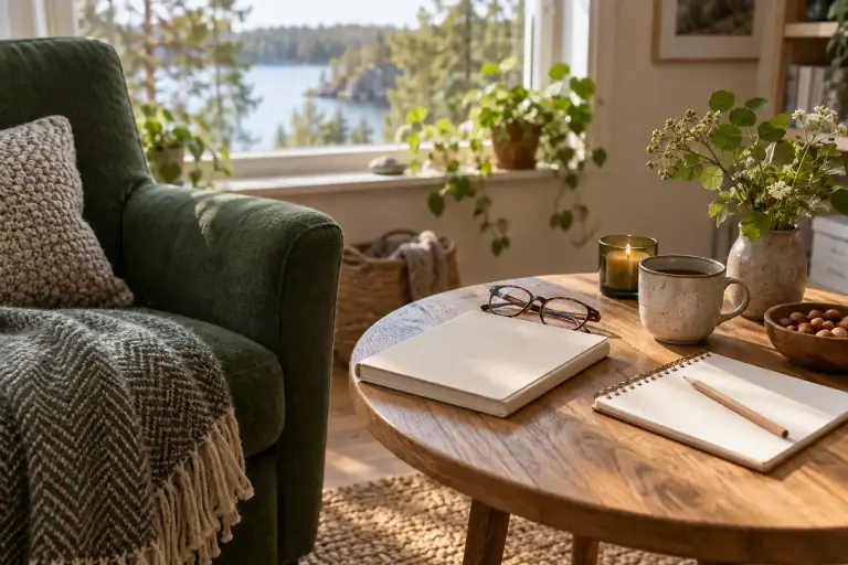 Öppen anteckningsbok och penna på ett skrivbord för planering.
