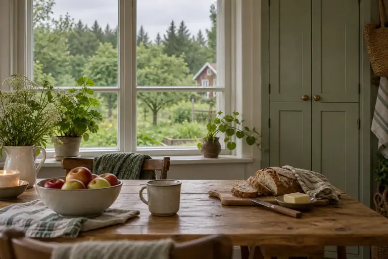 Äpplen och en varm måltidsmiljö på ett köksbord.