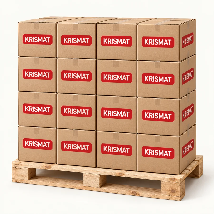 Illustration av 16 Krismat-märkta lådor på eu-pall