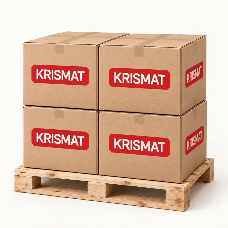 Illustration av 4 Krismat-märkta lådor på liten pall