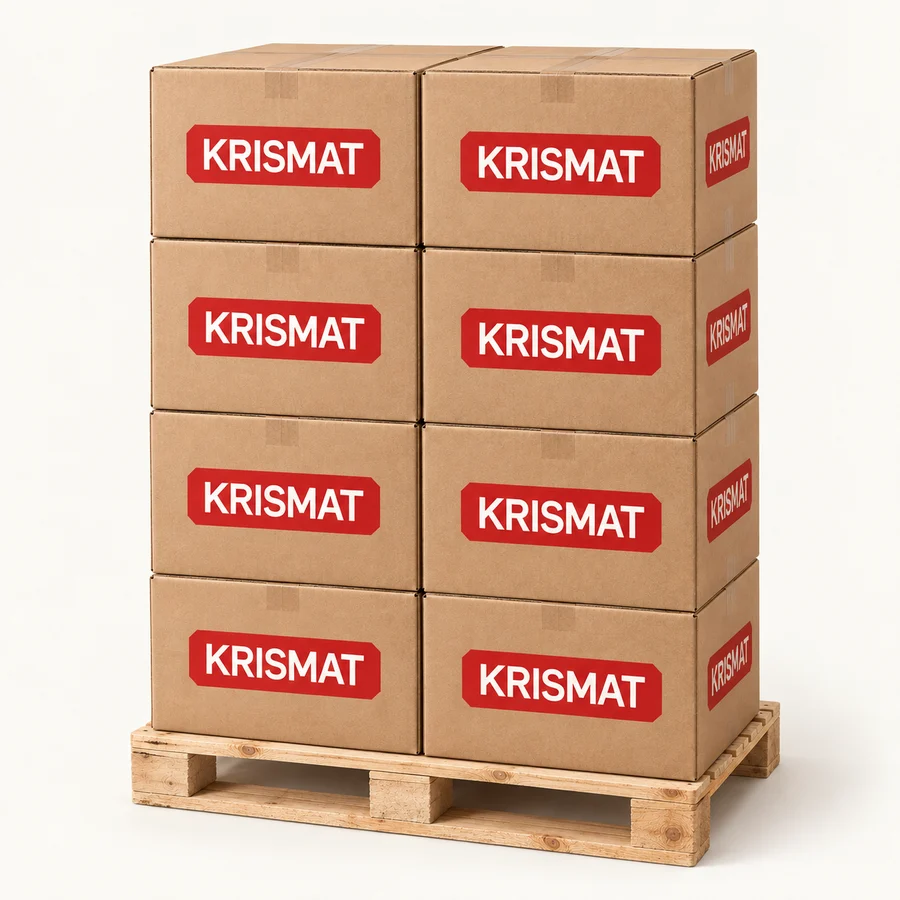 Illustration av 8 Krismat-märkta lådor på liten pall